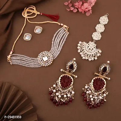 Combo Of 1 Choker Set With 2 Pair Of Earrings And Maang Tikka Set For Women.