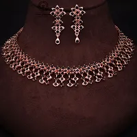 Pack of 1 Rose Gold Plated  American Diamond and Heavy Polished Diamond Choker Necklace set with 1 Pair of Earrings Jewellery Set-thumb1