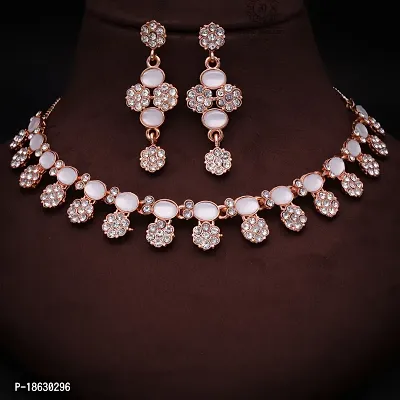 Pack of 1 Rose Gold Plated  American Diamond and Heavy Polished Diamond Choker Necklace set with 1 Pair of Earrings Jewellery Set-thumb4