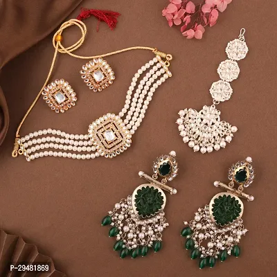 Combo Of 1 Choker Set With 2 Pair Of Earrings And Maang Tikka Set For Women.-thumb0