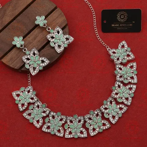 Fancy Brass Silver American Diamond Jewellery Set For Women