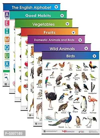 All in One Educational Charts for Kids Learn about English Alphabets, Fruits, Vegetables, Good Habits, Domestic, Wild Animals and Birds with Colourful Pictures for Children Pack of 7-thumb0