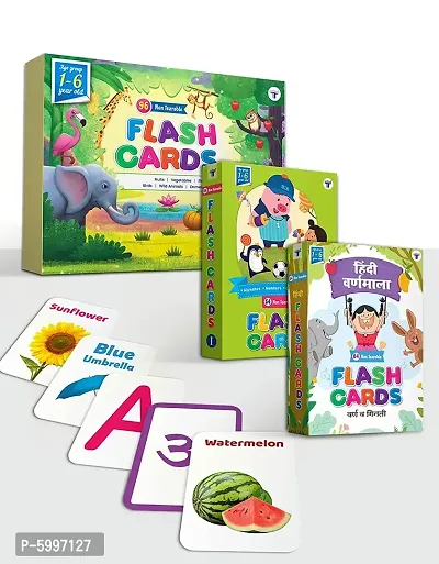 Flash Cards for Babies 224 Non Tearable Cards Hindi Varnamala, English Alphabet, Numbers, Animals, Fruits, Flowers, Birds 1 - 6 Years Set of 3