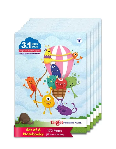 3 in 1 Notebook Single Line, Four Line, Maths Square- 172 Pages