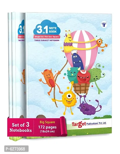 3 in 1 Notebook Single Line, Four Line and Maths Square- 172 Pages