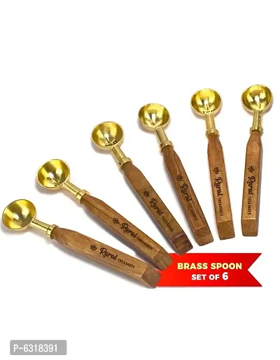Spoon Set | Brass Measuring Spoon | Useful Kitchen Gadgets for Cooking and Baking | 1 tsp for Tea, Coffee, Masala, Hawan, Pooja with Wooden Handle - Set of 6-thumb0
