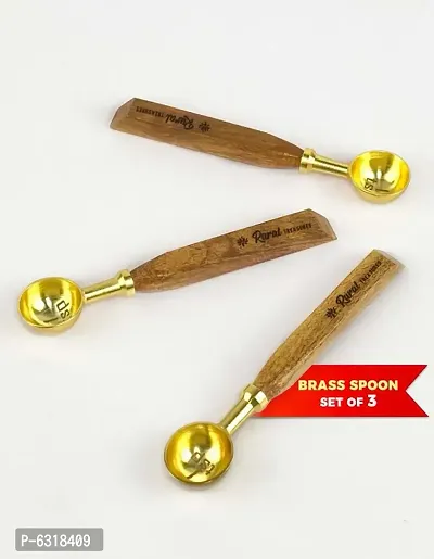 Spoon Set | Brass Measuring Spoon | Useful Kitchen Gadgets for Cooking and Baking | 1 tsp for Tea, Coffee, Masala, Hawan, Pooja with Wooden Handle - Set of 3-thumb0