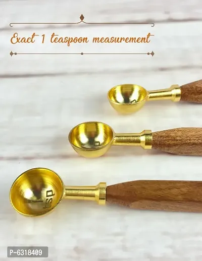 Spoon Set | Brass Measuring Spoon | Useful Kitchen Gadgets for Cooking and Baking | 1 tsp for Tea, Coffee, Masala, Hawan, Pooja with Wooden Handle - Set of 3-thumb2