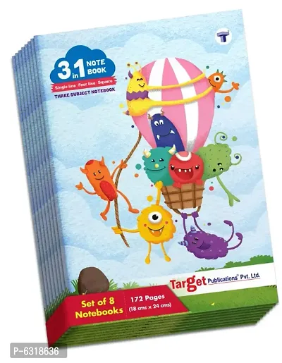Target 3 in 1 Notebook for Kids | Maths Square 9 MM, Single Line Notebook , Four Line Notebook | 172 Pages 18 x 24 cm Soft Bound | 58 GSM | Pack of 8