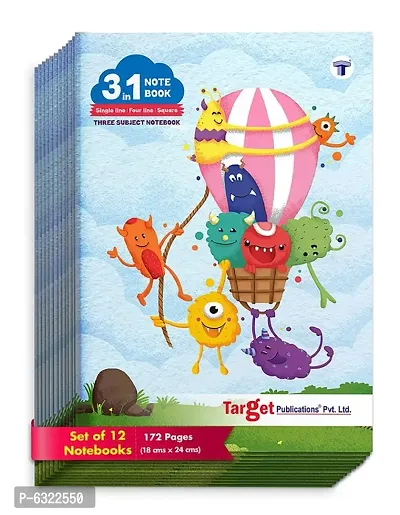Target 3 in 1 Notebook for Kids | Maths Square 9 MM, Single Line Notebook , Four Line Notebook | 172 Pages 18 x 24 cm Soft Bound | 58 GSM | Pack of 12-thumb0
