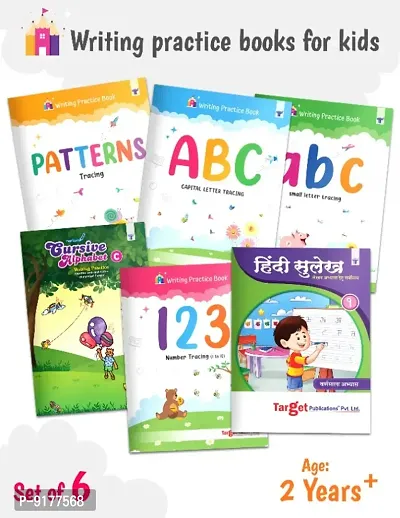 Preschool Writing Practice Book Set for Preschooler : Pack Of 6 Books : Capital Letters, Small Letters, Patterns, Numbers 1 To 20, Cursive Capital Letters, Cursive Small Letters, Hindi Sulekh