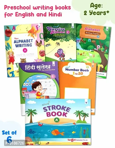 Writing Practice Book Set For Preschooler : Pack Of 6 Books : Capital Letters, Small Letters, Patterns and Numbers 1 To 20, Cursive Capital Letters, Cursive Small Letters  Hindi Sulekh (Ka kha Ga)