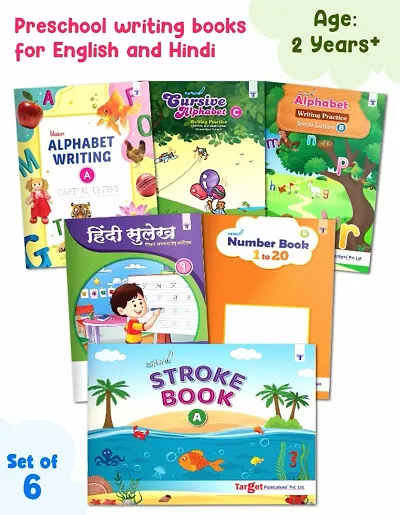 Writing Practice Book Set For Preschooler : Pack Of 6 Books : Capital Letters, Small Letters, Patterns and Numbers 1 To 20, Cursive Capital Letters, Cursive Small Letters  Hindi Sulekh (Ka kha Ga)