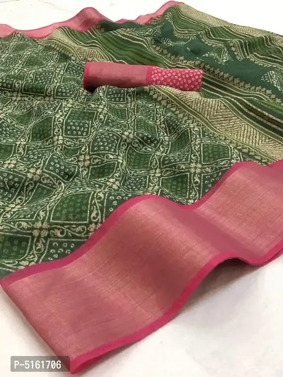Stylish Linen Cotton Slub Golden Zari Weaving Zig Zag Border And Print Saree With Blouse Piece