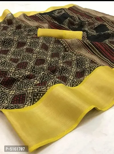 Stylish Linen Cotton Slub Golden Zari Weaving Zig Zag Border And Print Saree With Blouse Piece-thumb0