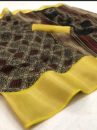 Stylish Linen Cotton Slub Golden Zari Border Printed Sarees