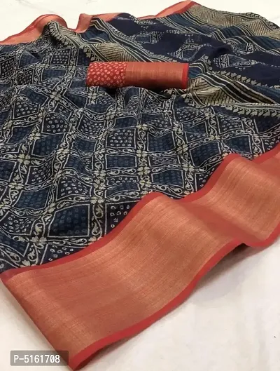 Stylish Linen Cotton Slub Golden Zari Weaving Zig Zag Border And Print Saree With Blouse Piece-thumb0
