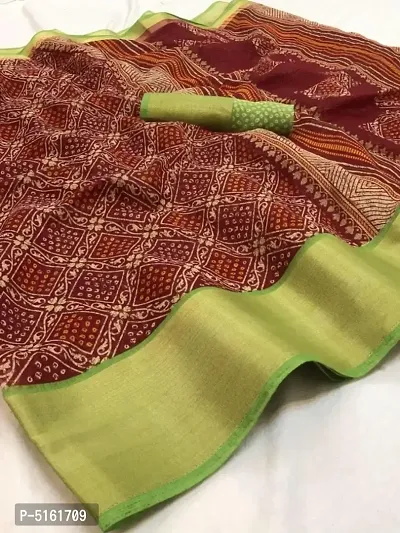 Stylish Linen Cotton Slub Golden Zari Weaving Zig Zag Border And Print Saree With Blouse Piece