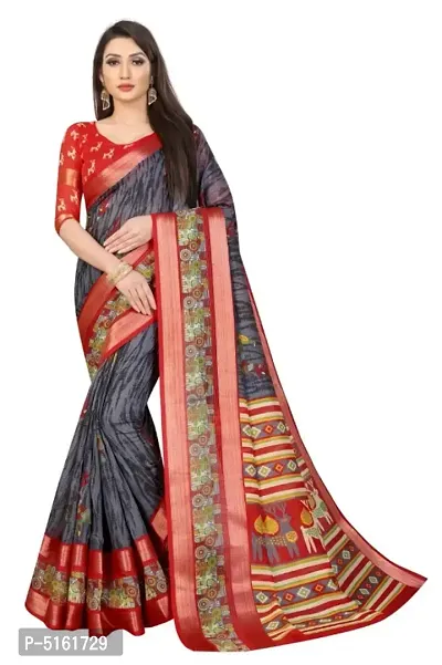 Stylish Linen Cotton Slub Print Saree With Blouse Piece