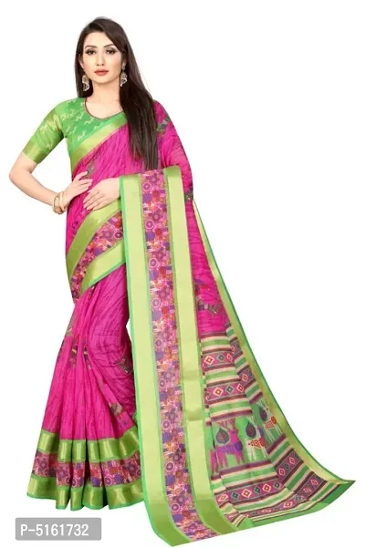 Stylish Linen Cotton Slub Print Saree With Blouse Piece-thumb0