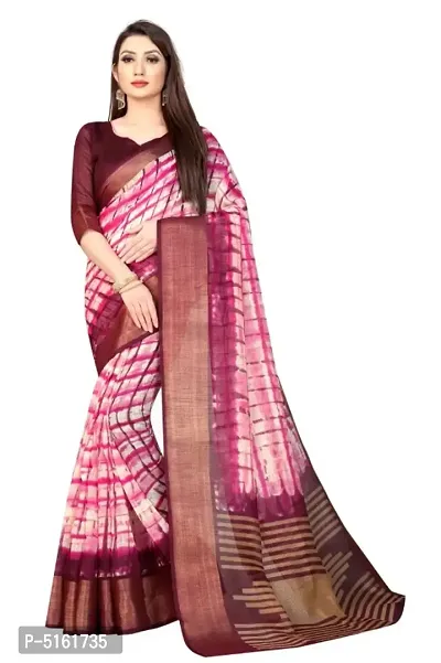 Stylish Linen Cotton Slub Weaving Striped Border And Print Saree With Blouse Piece-thumb0