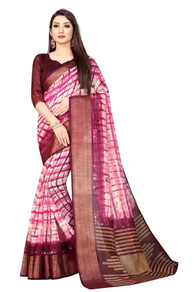 Stylish Linen Slub Weaving Striped Border And Print Saree With Blouse Piece