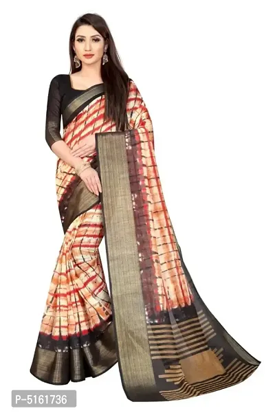 Stylish Linen Cotton Slub Weaving Striped Border And Print Saree With Blouse Piece