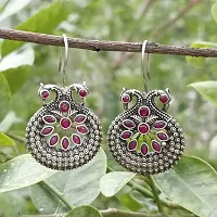 V L IMPEX Small Peacock Theme Pink Antique Silver Hanging Earrings-thumb1
