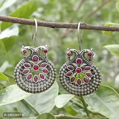 V L IMPEX Small Peacock Theme Pink Antique Silver Hanging Earrings-thumb2
