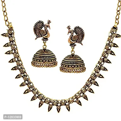 V L IMPEX Danceing Peacock Chokar Necklace And Jhumki Earring Brass Oxidised Jewellery Combo Set for Women/ Girls