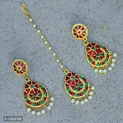 V L IMPEXHand Made Maroon Green Colour Meena Work Earring with Maang Tika Set for Girls and Women-thumb3