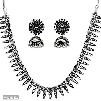 V L IMPEX Oxidized German Silver Necklace with Earrings Jewellery Set for Women and Girls-thumb0
