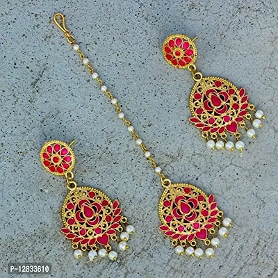 V L IMPEX Metal Gold Plated Rani Meena Earring with Maang Tikka for Women-thumb3