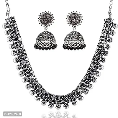 V L IMPEX Sun Shape Tops Jhumki Chokar Necklace Silver Oxidised Jewellery Combo Set for Women/Girls (Black)