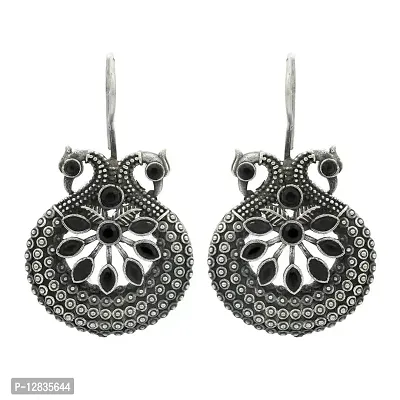 V L IMPEX Small Peacock Theme Black Antique Silver Hanging Earrings