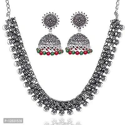 V L IMPEX Sun Shape Tops Jhumki Chokar Necklace Silver Oxidised Jewellery Combo Set for Women/Girls (Maroon-Green)