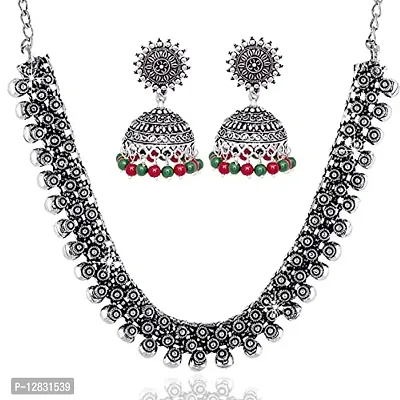 V L IMPEX Sun Shape Tops Jhumki Chokar Necklace Silver Oxidised Jewellery Combo Set for Women/Girls (Maroon-Green)-thumb0