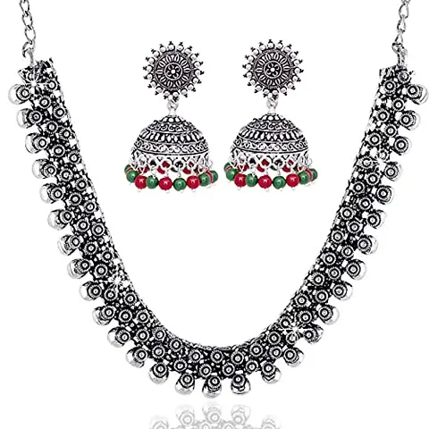 V L IMPEX Sun Shape Tops Jhumki Chokar Necklace Oxidised Jewellery Combo Set for Women/Girls (Maroon-Green)