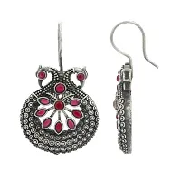 V L IMPEX Small Peacock Theme Pink Antique Silver Hanging Earrings-thumb3
