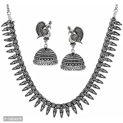 V L IMPEX Women's Dancing Peacock Choker Necklace And Earring Silver Oxidised Jewellery Combo Set (Silver)