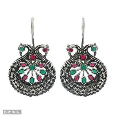 V L IMPEX Small Peacock Theme MaroonGreen Antique Silver Hanging Earrings