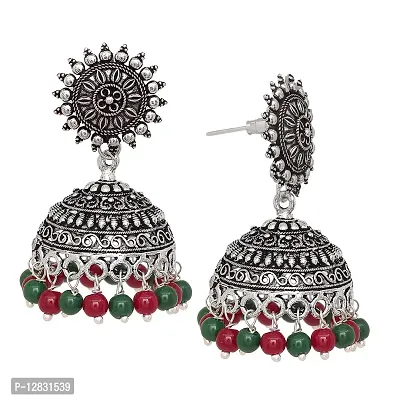 V L IMPEX Sun Shape Tops Jhumki Chokar Necklace Silver Oxidised Jewellery Combo Set for Women/Girls (Maroon-Green)-thumb3