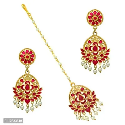V L IMPEX Metal Gold Plated Rani Meena Earring with Maang Tikka for Women