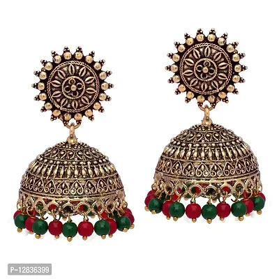 V L IMPEX Sun Shape Lightweight With Maroon and Green Color Gold Plating Oxidised Jhumki Jhumka Earrings for Girls-thumb0