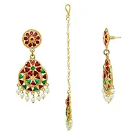 V L IMPEXHand Made Maroon Green Colour Meena Work Earring with Maang Tika Set for Girls and Women-thumb1