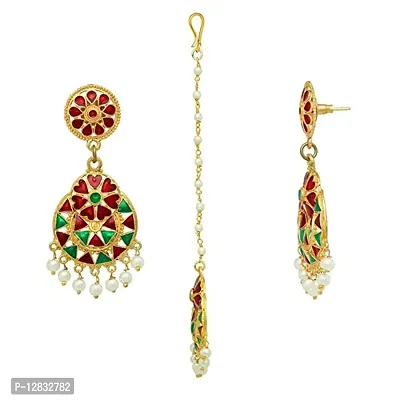 V L IMPEXHand Made Maroon Green Colour Meena Work Earring with Maang Tika Set for Girls and Women-thumb2