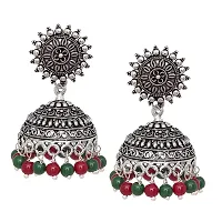 V L IMPEX Sun Shape Tops Jhumki Chokar Necklace Silver Oxidised Jewellery Combo Set for Women/Girls (Maroon-Green)-thumb1