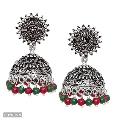 V L IMPEX Sun Shape Tops Jhumki Chokar Necklace Silver Oxidised Jewellery Combo Set for Women/Girls (Maroon-Green)-thumb2