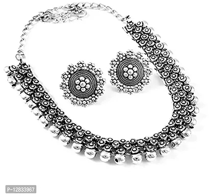 V L IMPEX German Silver Oxidised Handcrafted Traditional Charm Pendant Necklace Set for Women and Girls