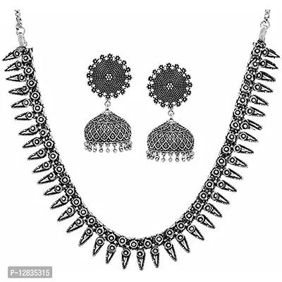V L IMPEX Round Chokar Necklace And Jhumki Earring Sliver Oxidised Jewellery Combo Set for Women/ Girls